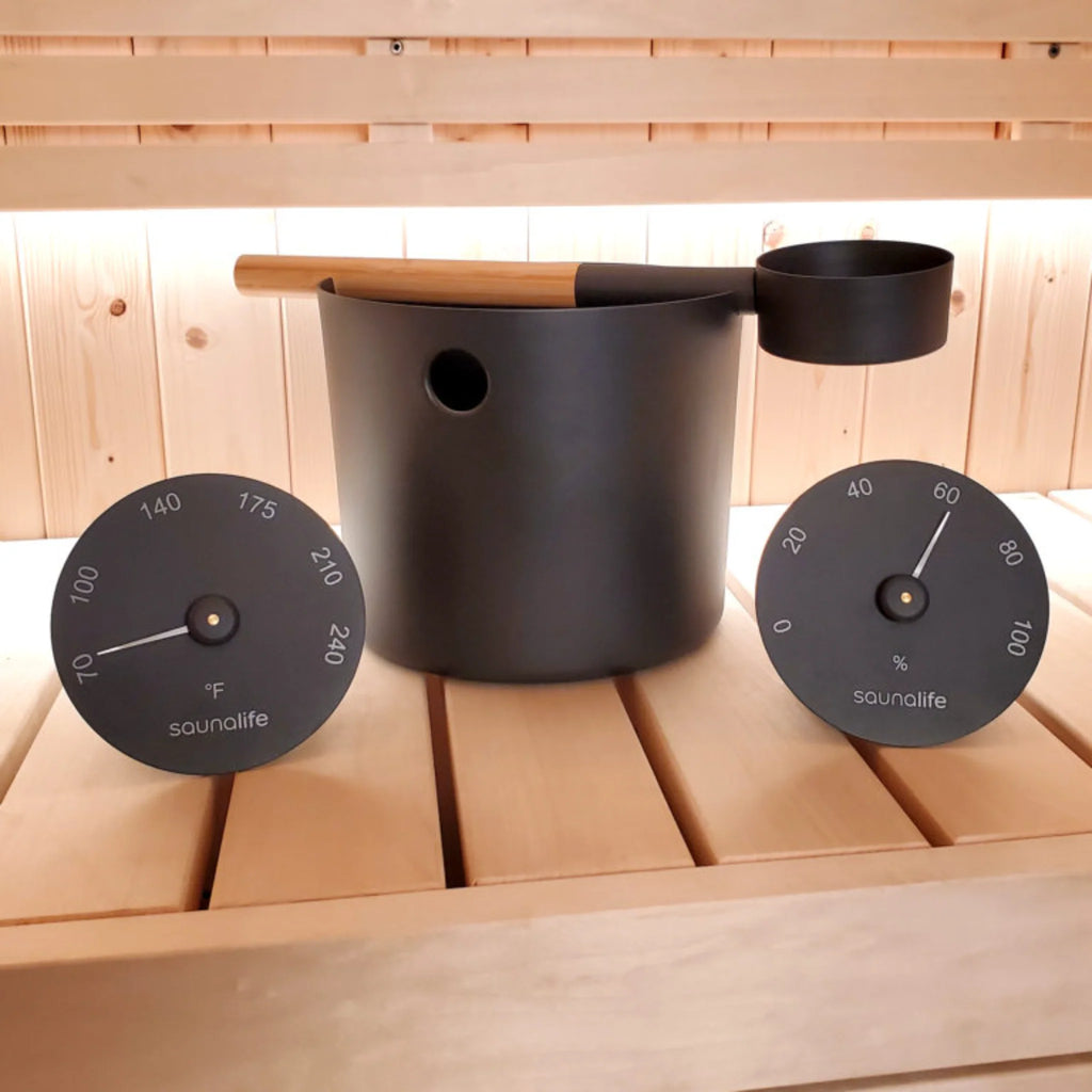SaunaLife Accessory Package 5 (1-Gallon Sauna Bucket, Ladle, and Black Thermometer, and Hygrometer)